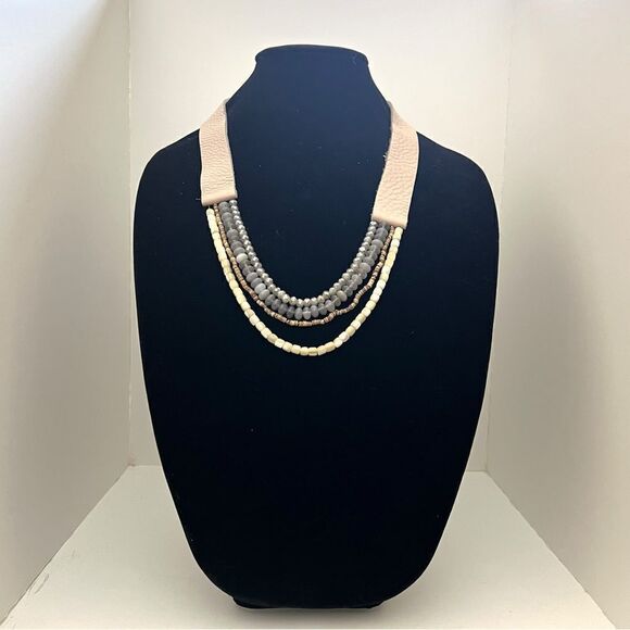 Multi Layered Semi Precious Stone Beaded Leather Strap Necklace, Tan/Grey - Picture 1 of 6